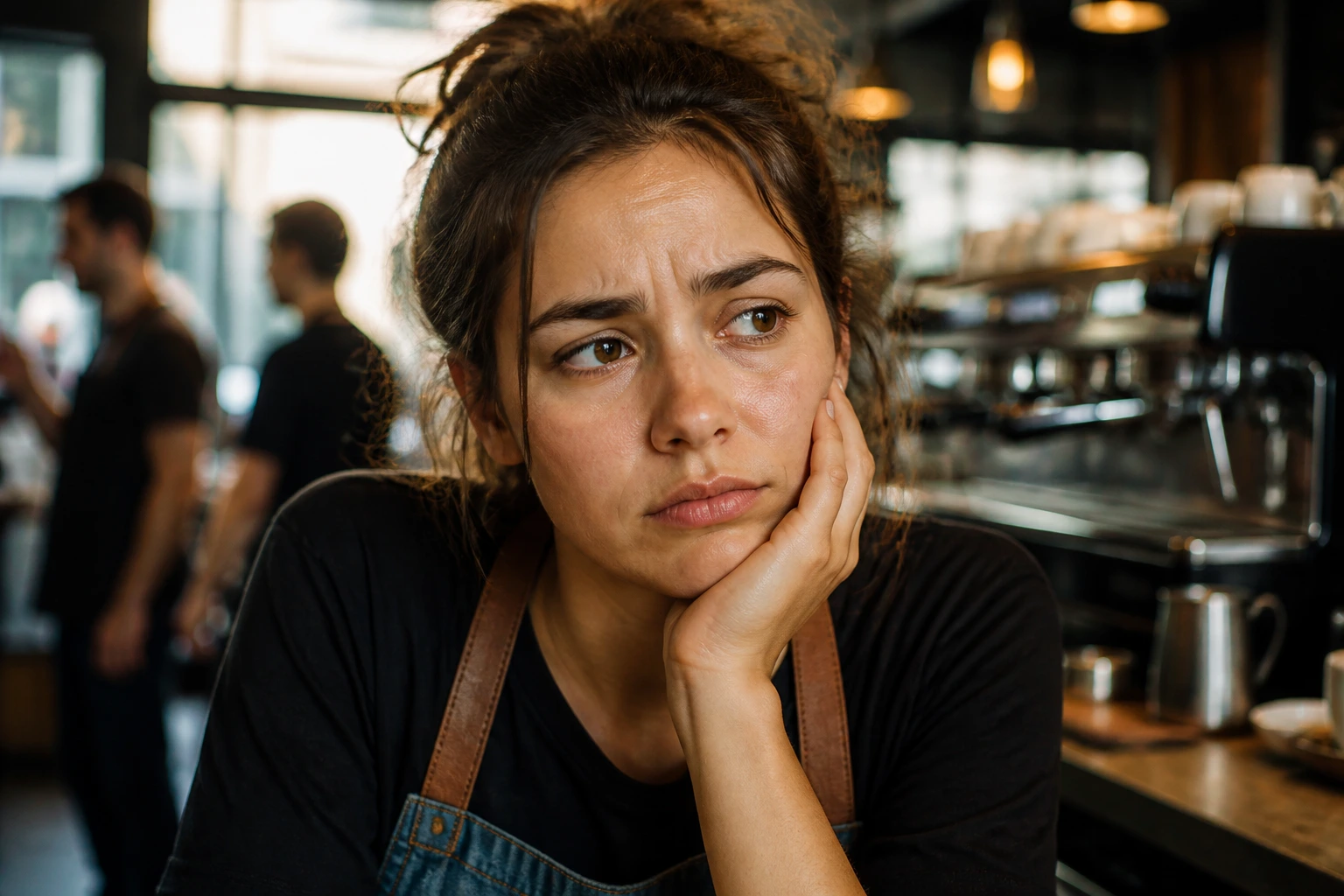 Close-up portrait of barista candidate in cafe reflecting sponsorship challenges