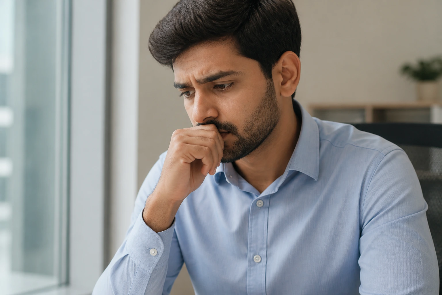 Person with worried expression in office about sponsorship changes