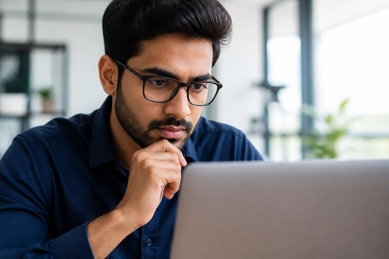 Close-up of a job seeker at a desk looking at a laptop in an office