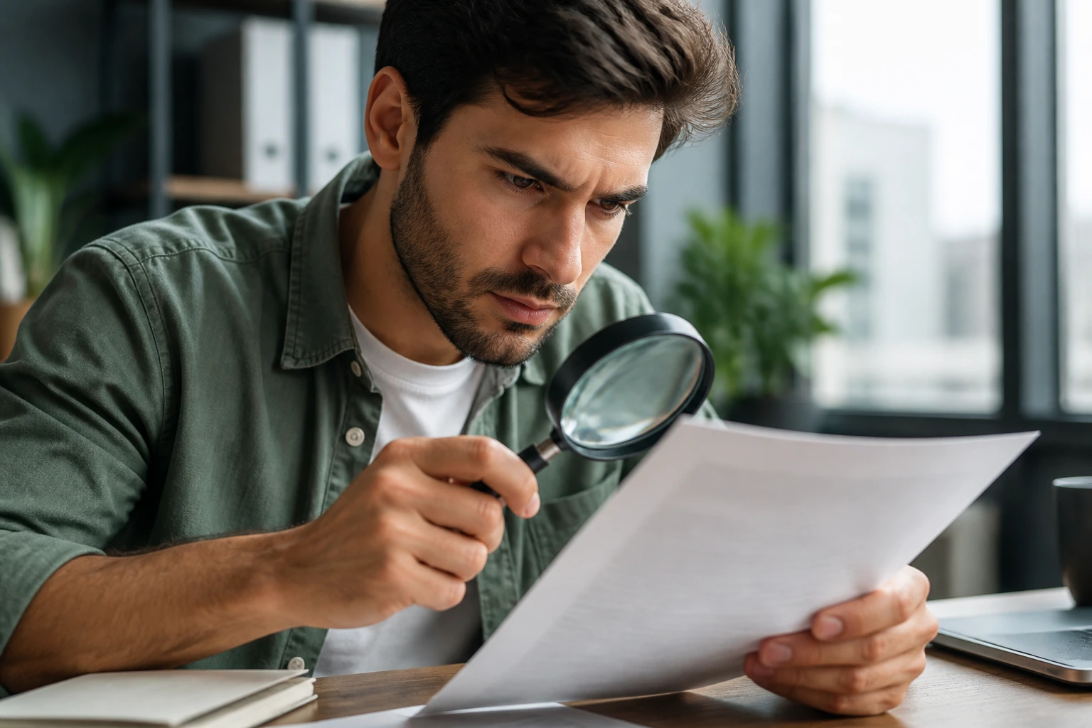 Close-up of a person reading a document about sponsorship clues with a magnifier in an office
