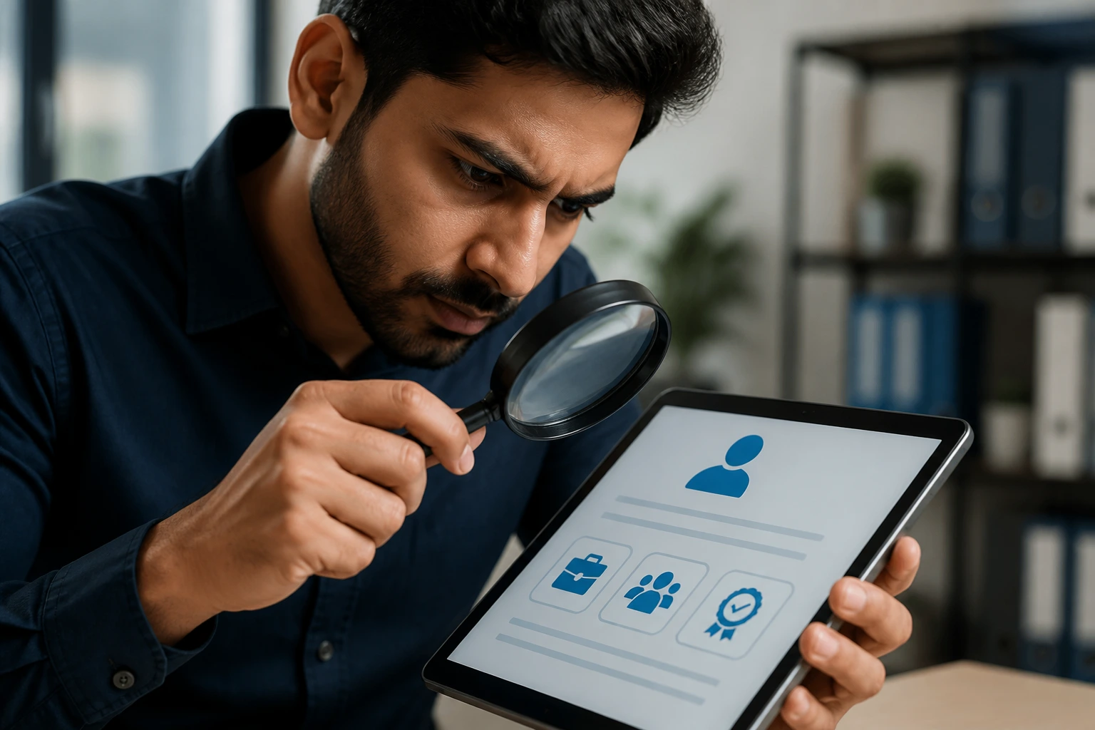Person analyzing a tablet for sponsorship cues with a magnifying glass
