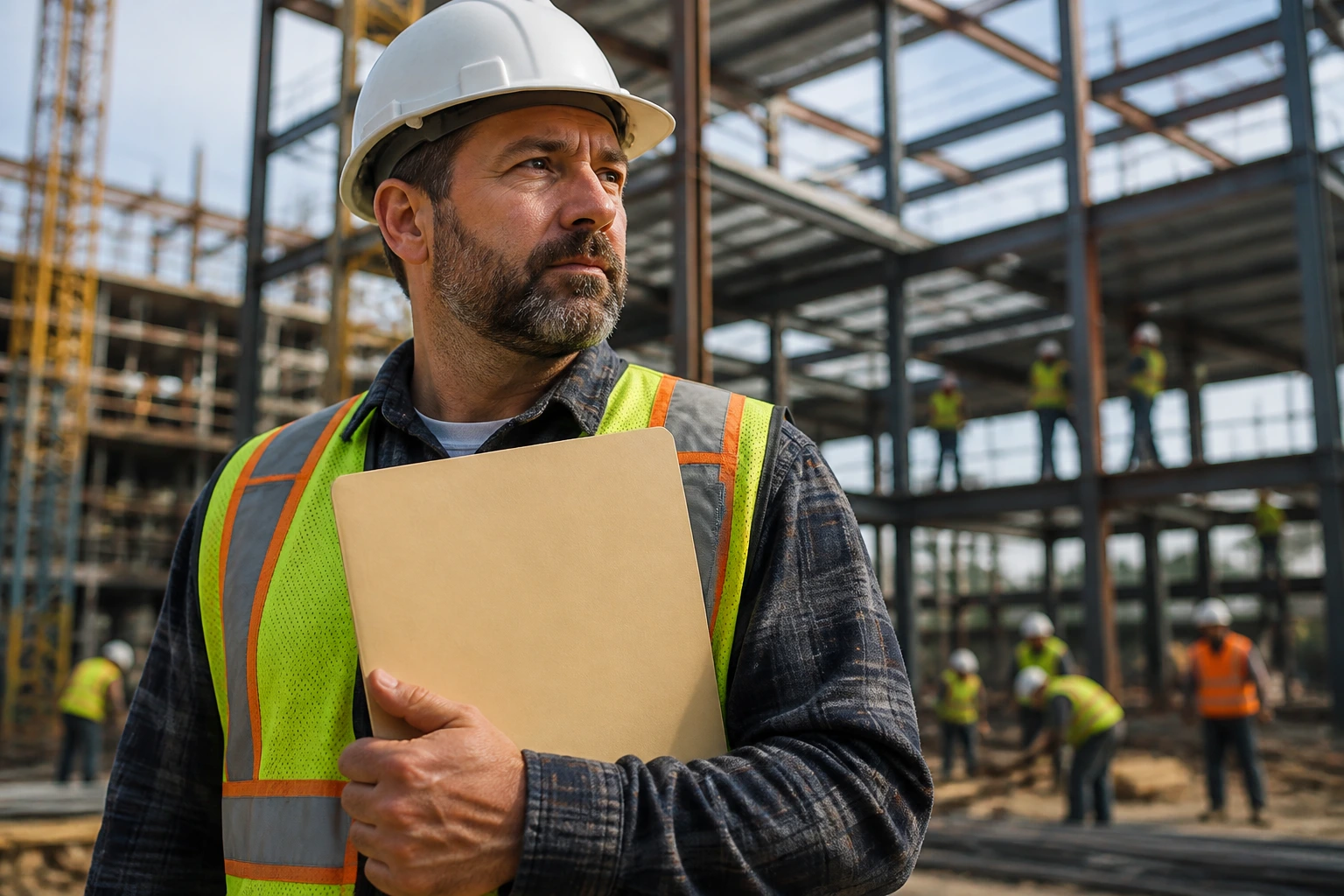 Close-up of a construction foreman on a site holding a blank folder to symbolize sponsorship
