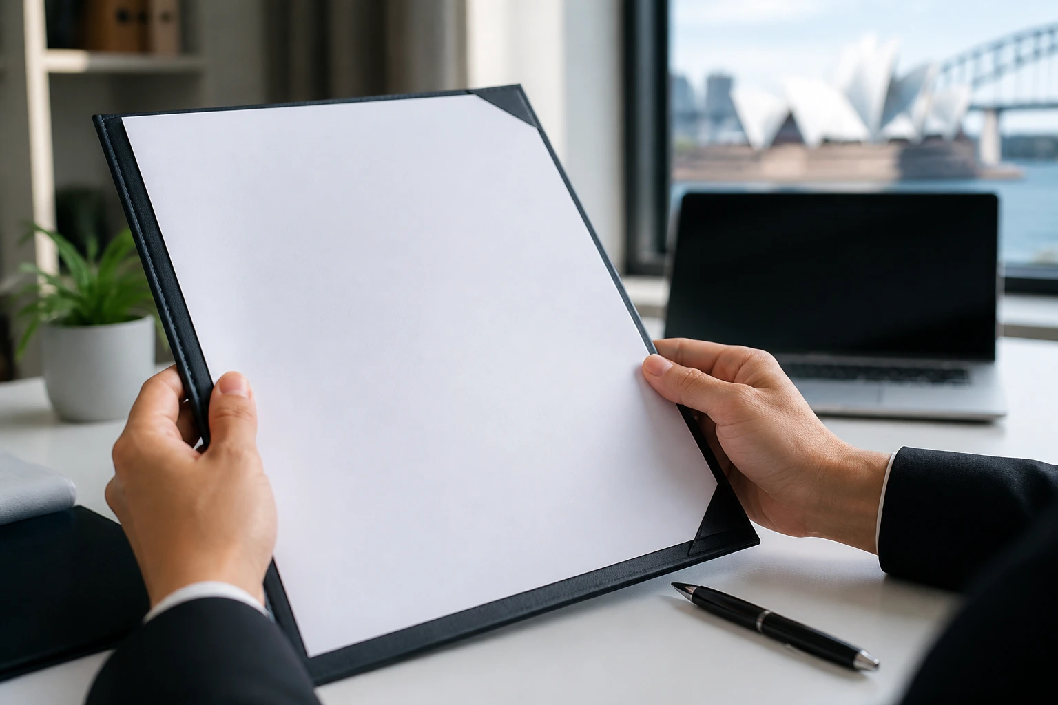 Close-up of hands holding a blank contract on a desk, evaluating sponsorship offer