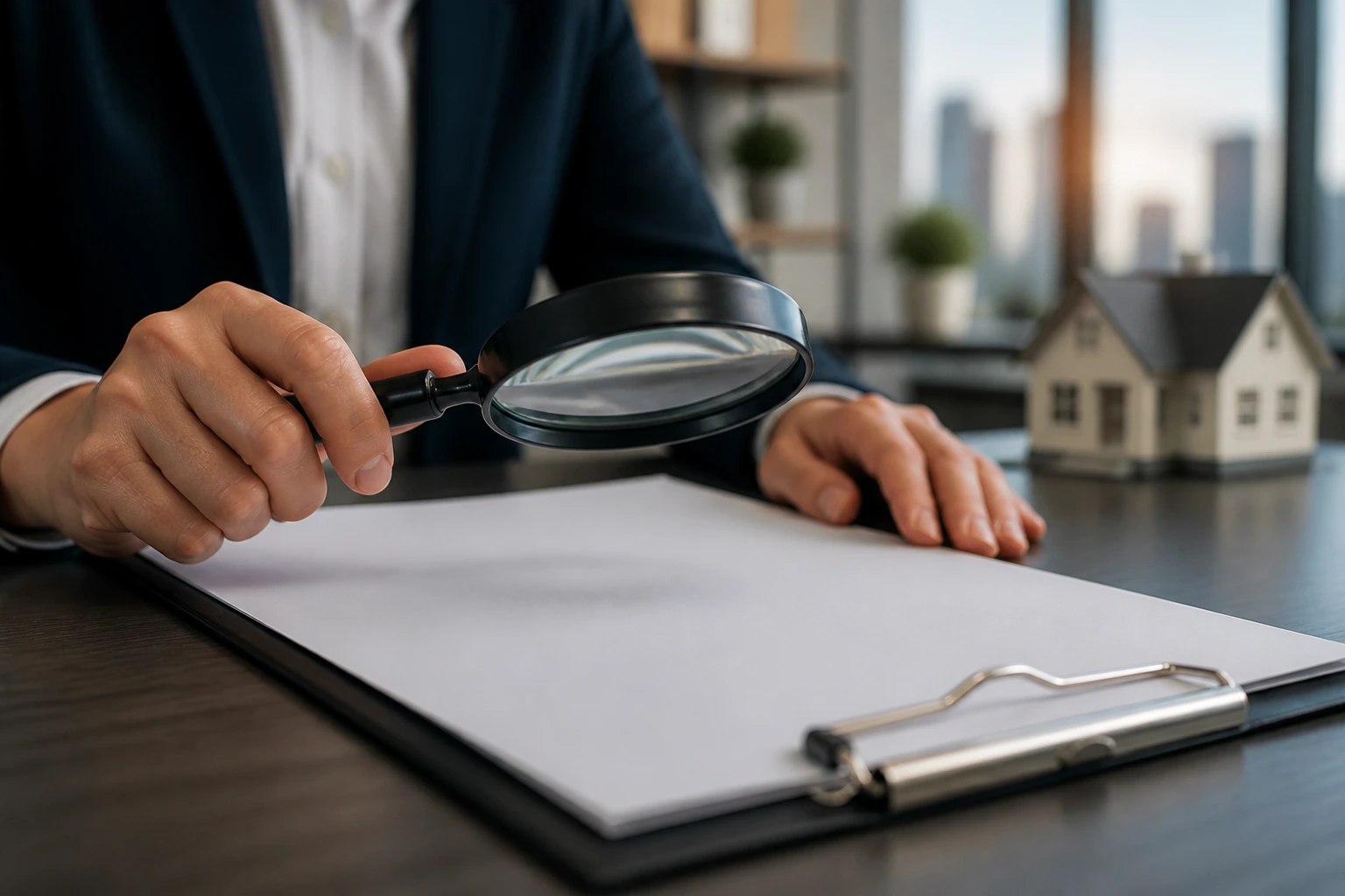 Hands with a magnifying glass inspecting a blank contract on a desk.