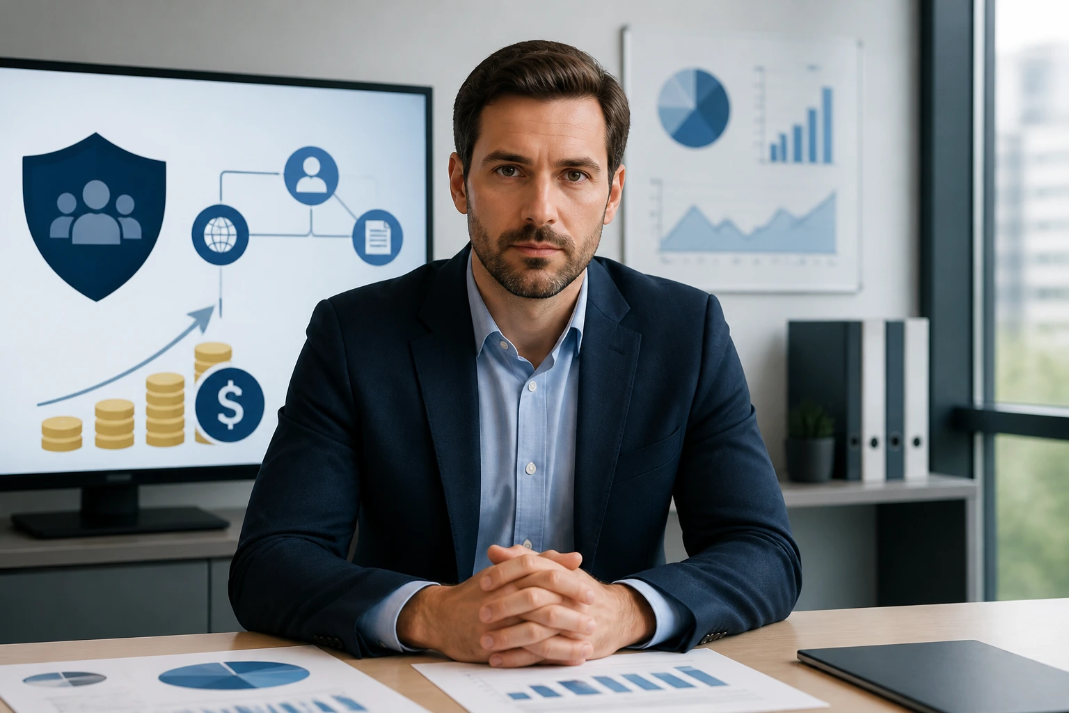 Broker reviewing sponsorship economics with abstract cost visuals