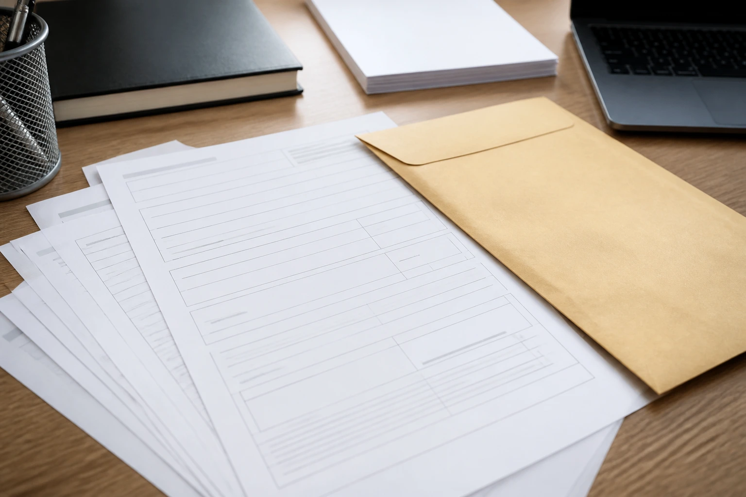 Blank forms and envelope on desk representing sponsorship paperwork
