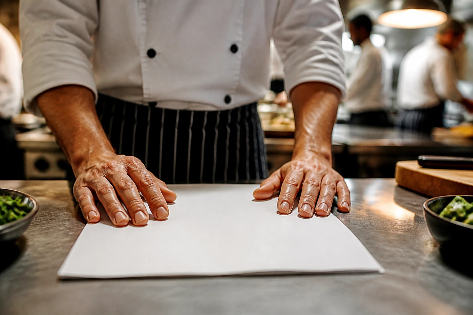 Close-up of a chef's hands on a blank document at a kitchen counter
