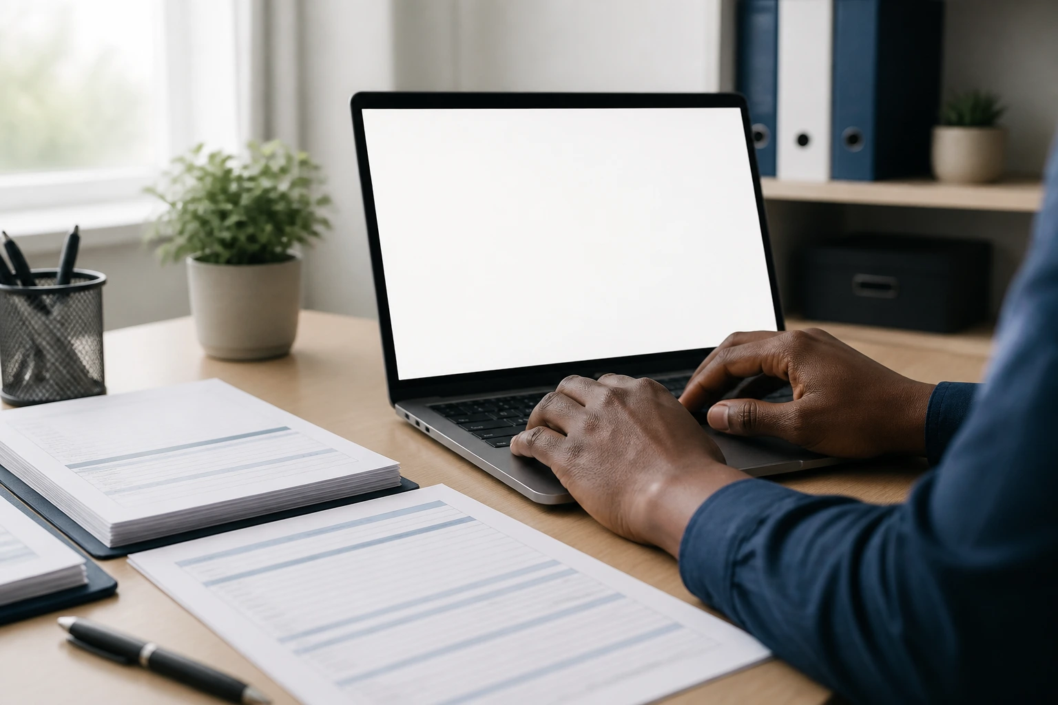 Hands typing on a laptop with a blank document, symbolizing sponsorship-focused cover letters.