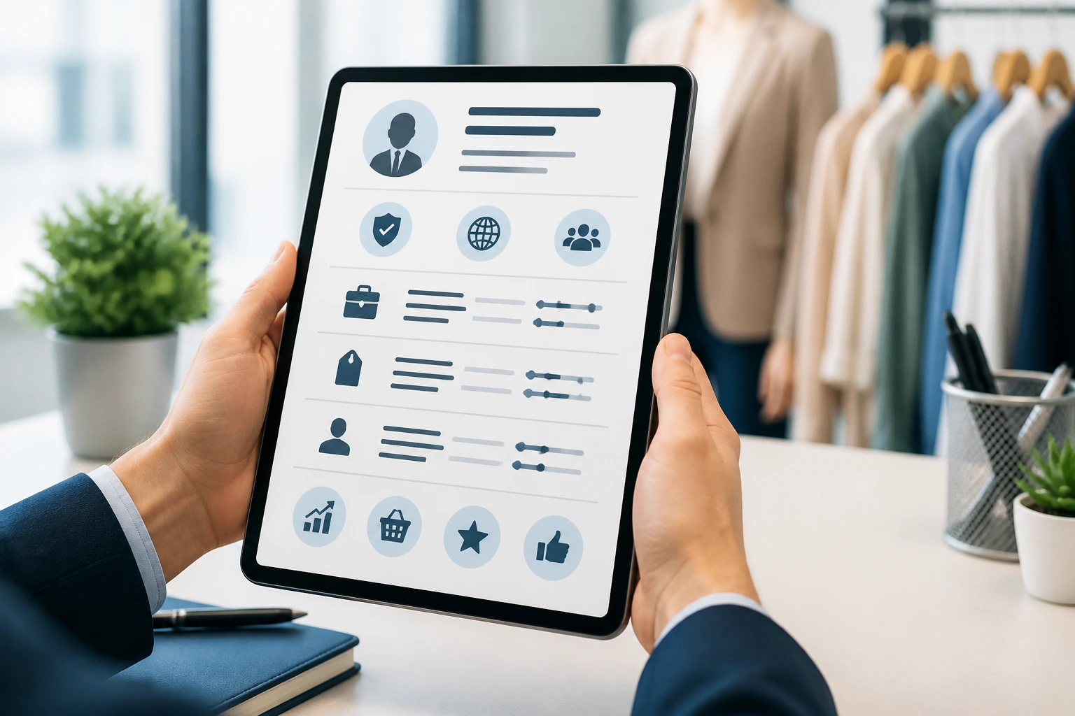 Hands holding a tablet showing an icon-based CV layout symbolizing a sponsor-ready CV.