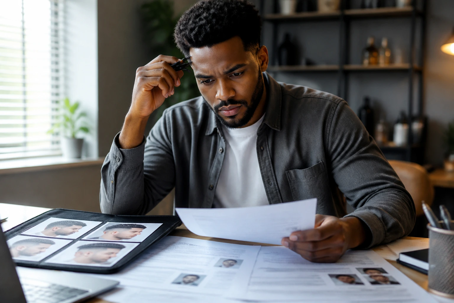 Close-up portrait of a job applicant reviewing blurred CVs and portfolio to raise odds for sponsorship.