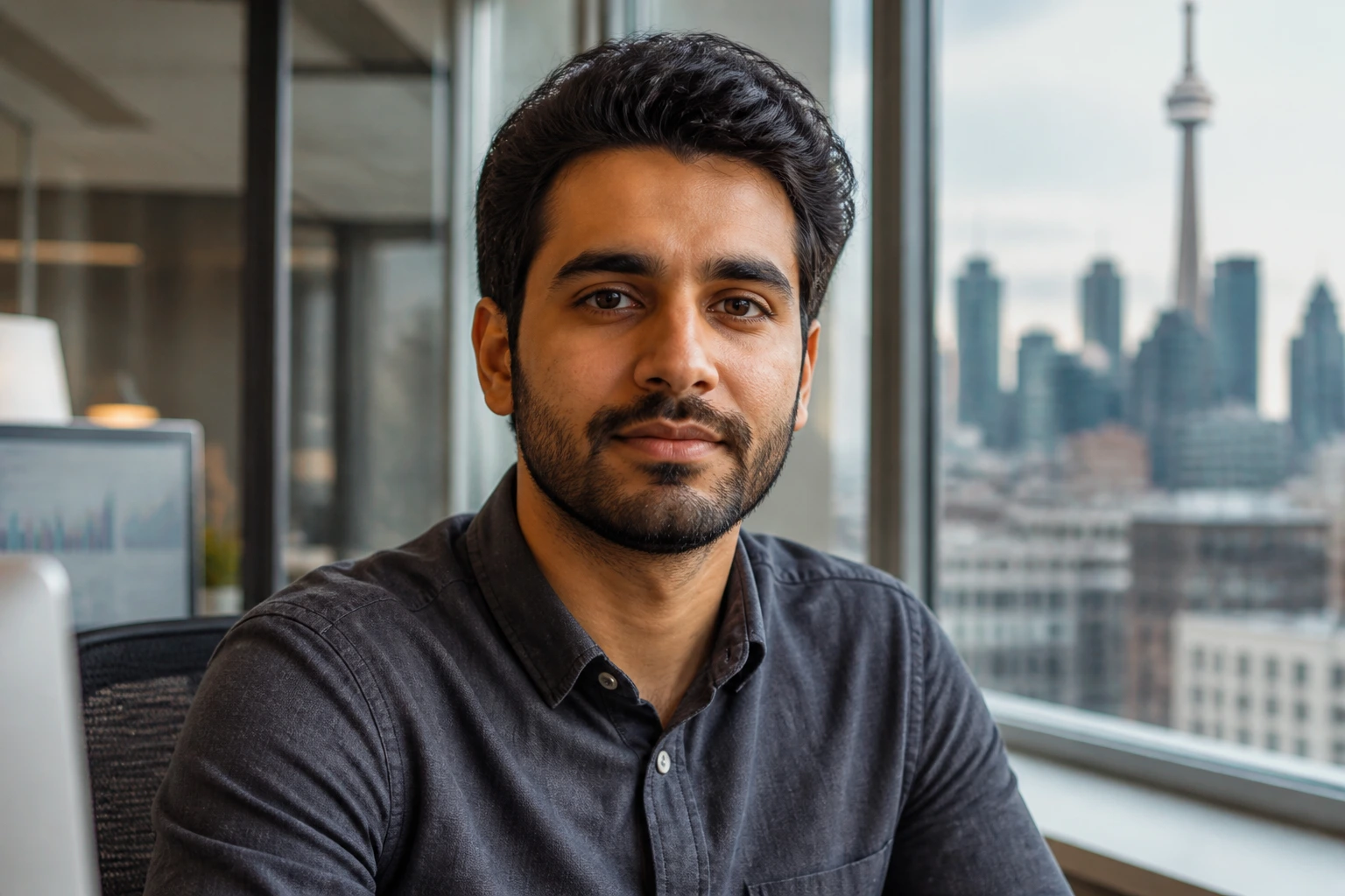 Close-up portrait of a data scientist in a modern office