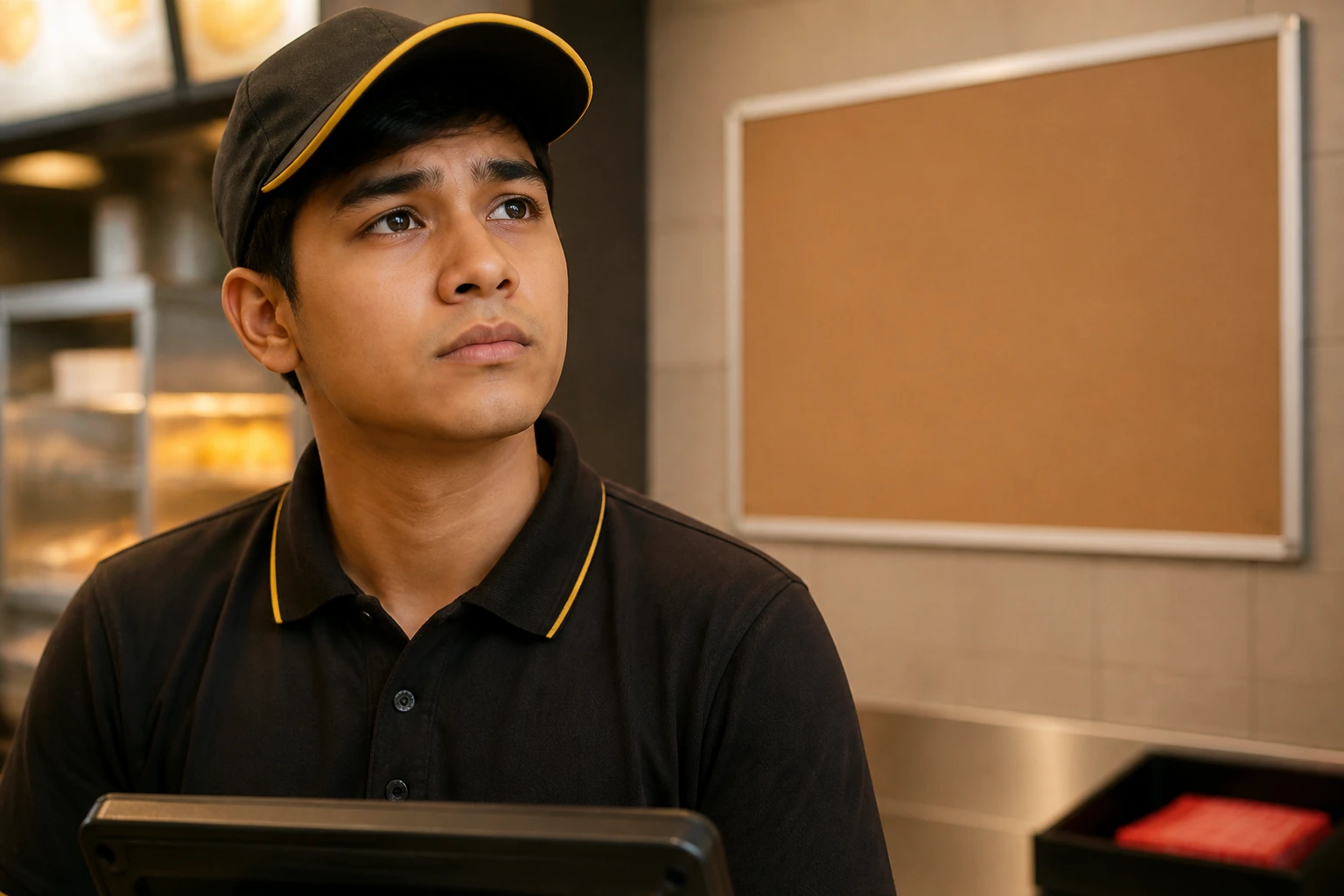 Hopeful fast-food worker at counter with blurred job board in background, sponsorship challenges implied