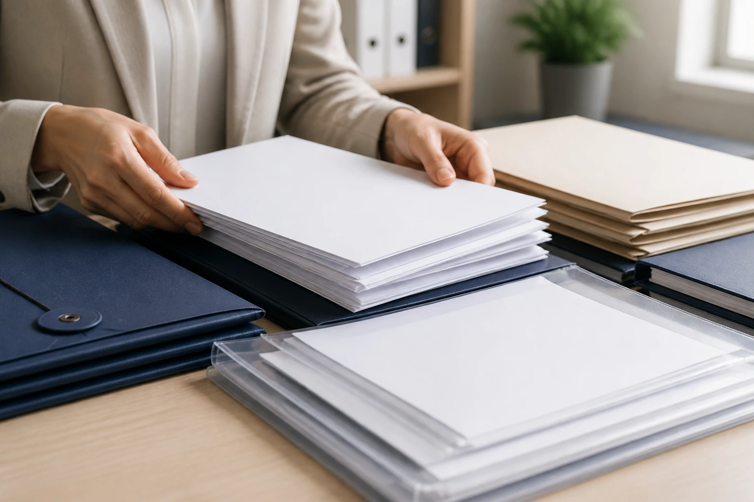 Close-up of blank sponsorship documents and folders organized on a desk