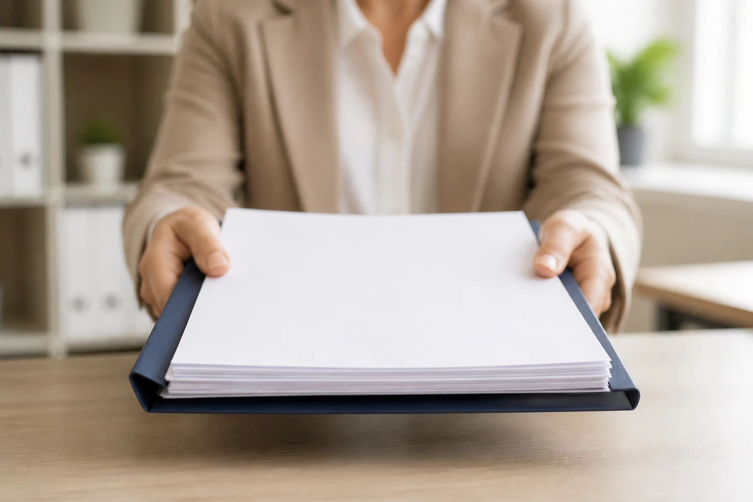 Person presenting a folder with blank documents on a desk, ready for sponsorship paperwork.