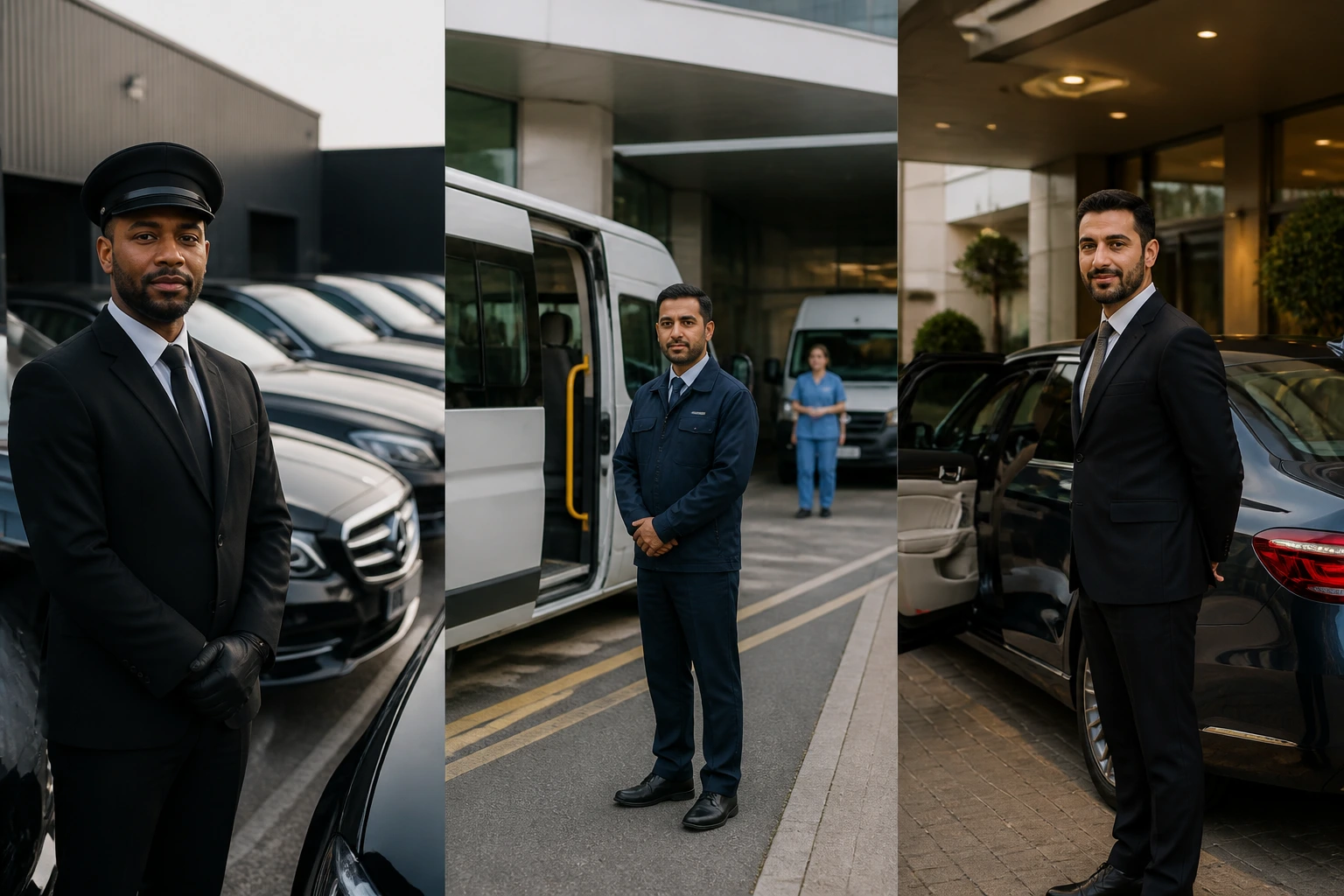 Triptych of sponsorship-ready employers: chauffeur firm, hospital transport, and hotel car service with drivers