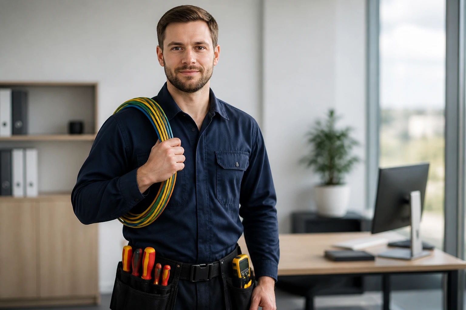 Electrician standing in a modern office, symbolizing sponsorship readiness