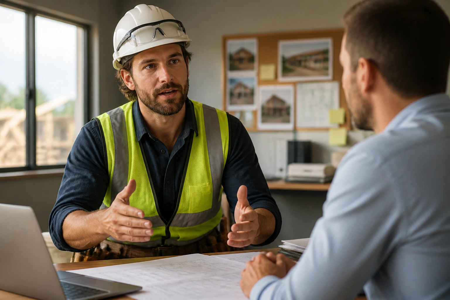 Carpenter speaks with recruiter in site office