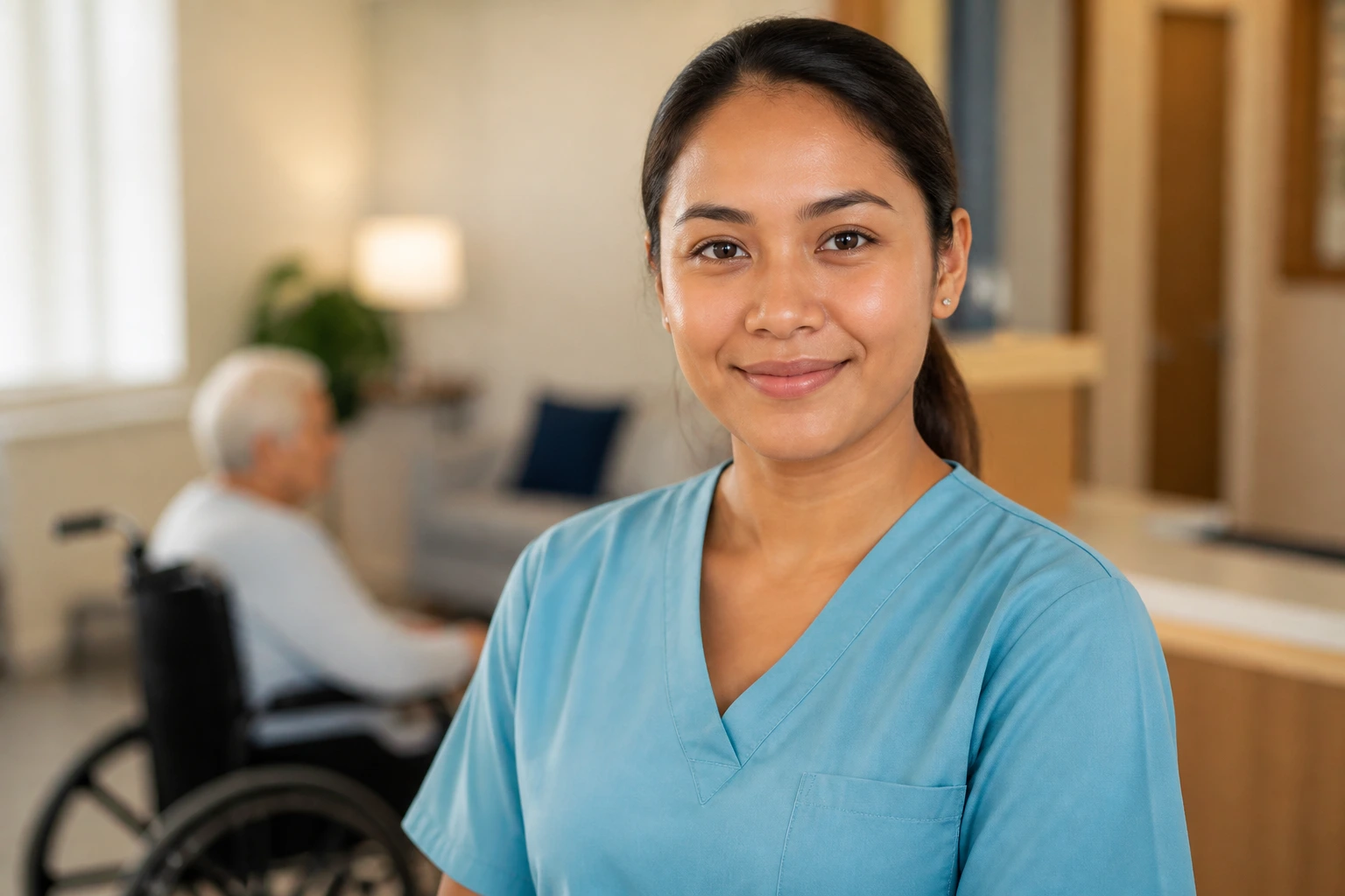 Portrait of a caregiver candidate in a professional setting.