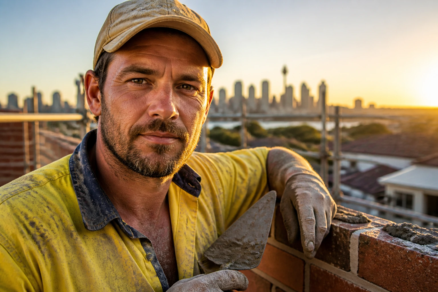 Bricklayer on a residential site during golden hour, seeking sponsorship from employers.