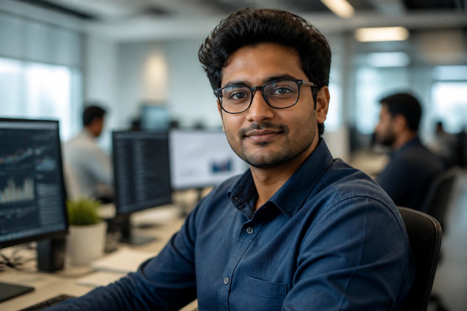 Confident data scientist in a modern office environment.