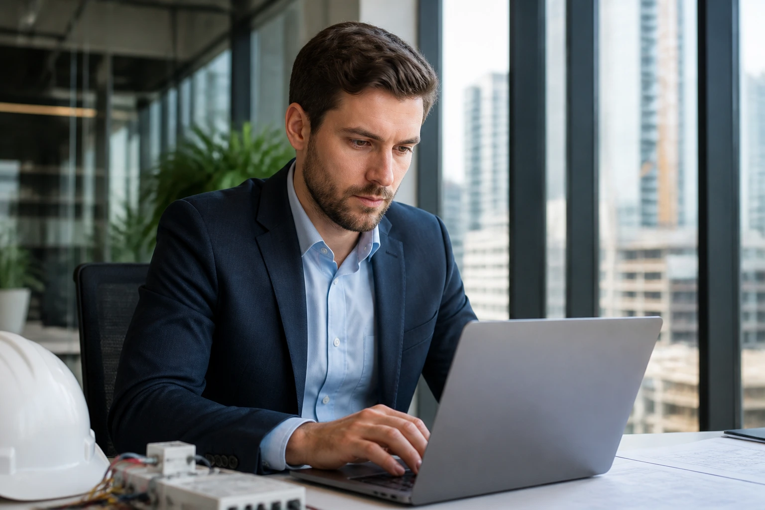 Engineer evaluating sponsorship opportunities on laptop in office