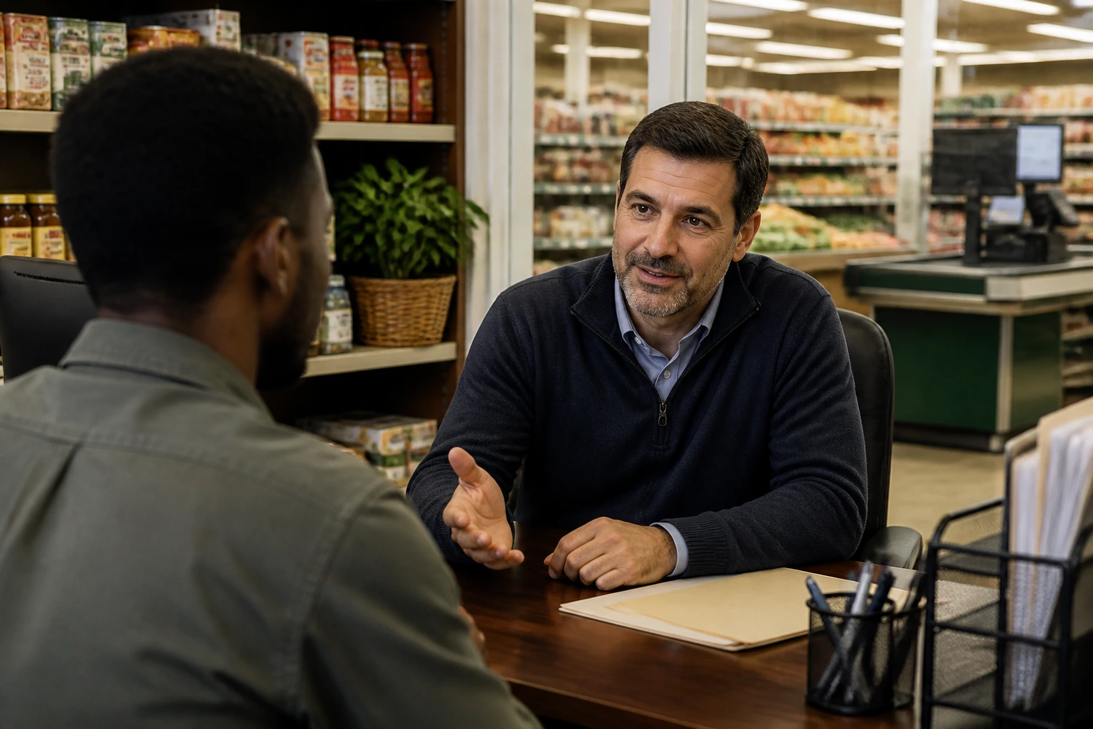 Store manager in a small office speaking with a candidate across a desk