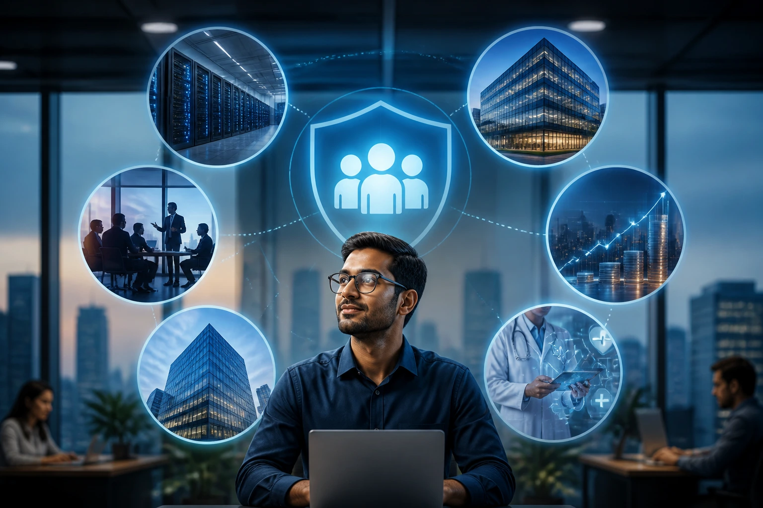Office professional illustrating sponsors and employer types concept without text logos
