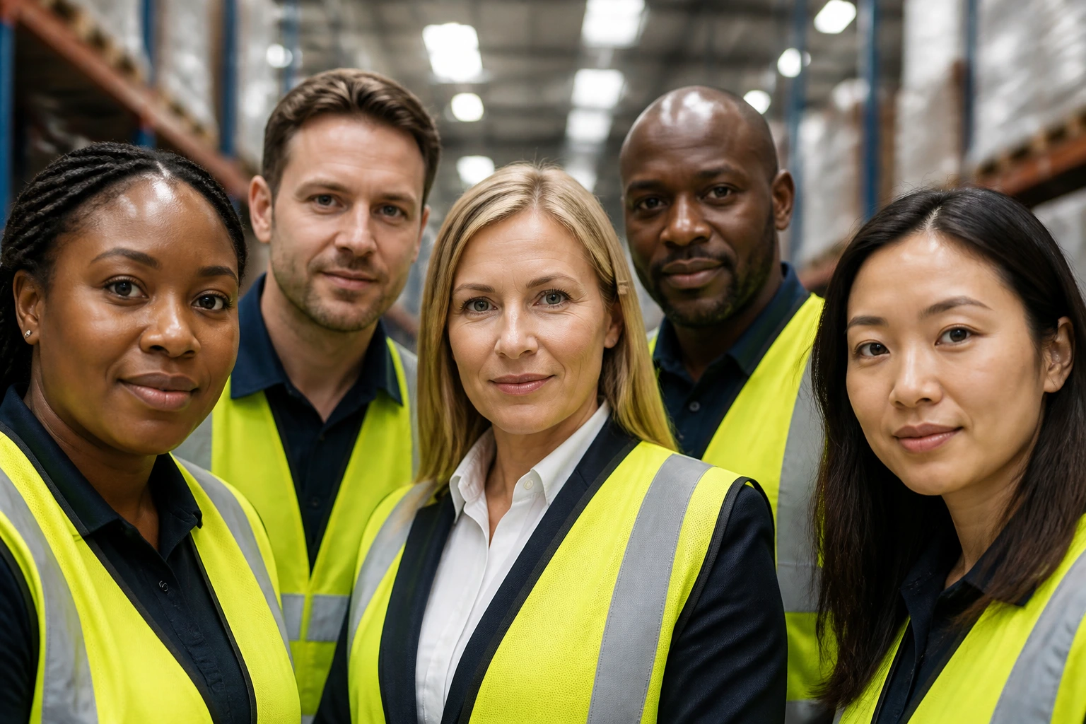 Diverse group of warehouse managers and HR staff in hi-vis vests
