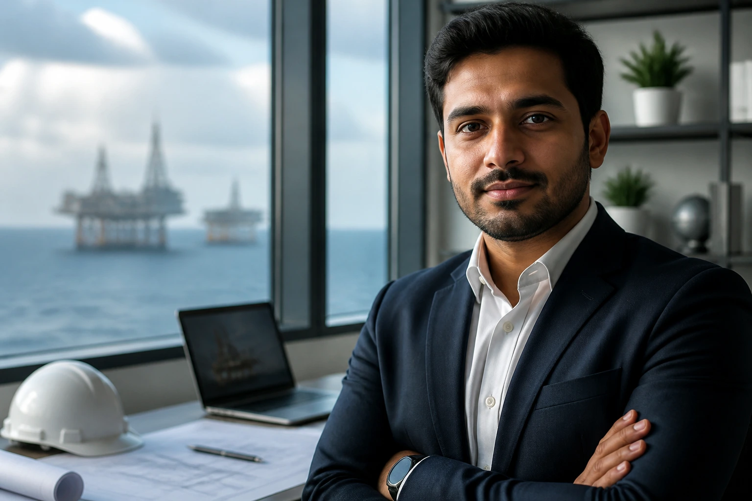 Portrait of a confident engineer in an office signaling sponsorship expertise