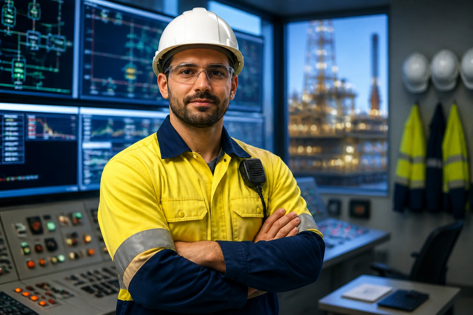 Engineer in PPE in an industrial control room