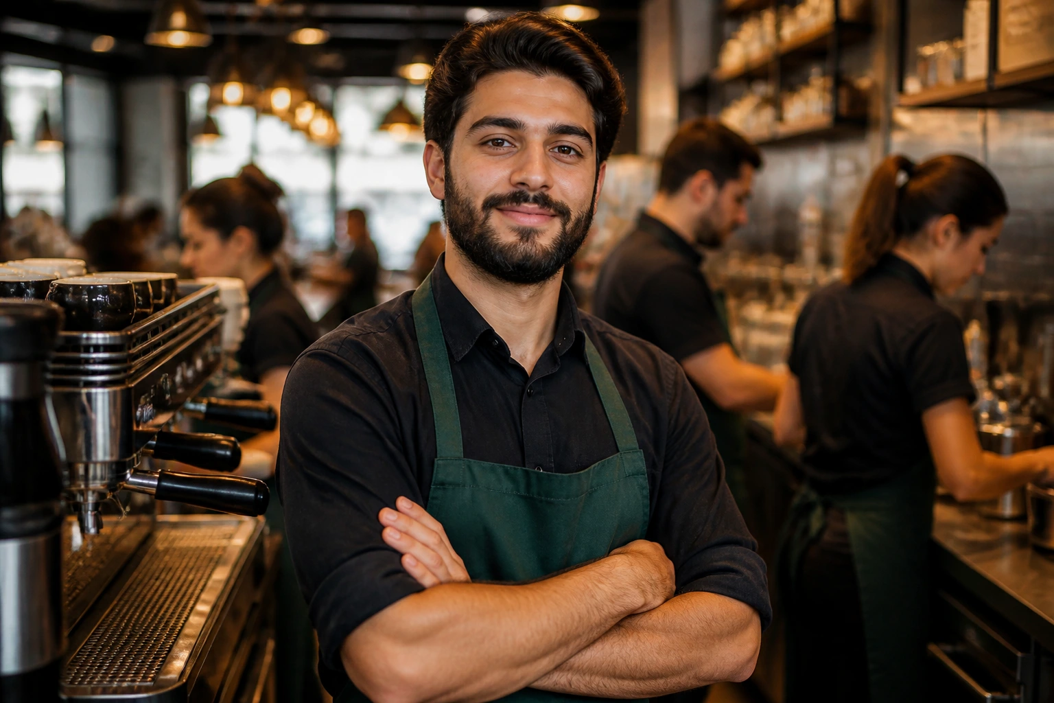 Seasoned barista in busy cafe showing experience for sponsorship