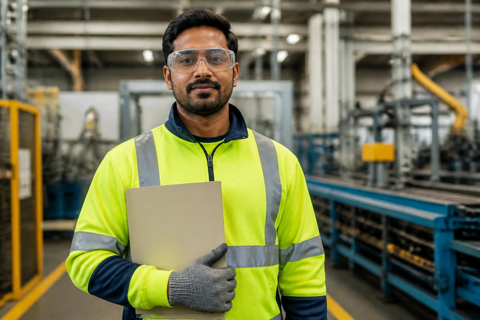 Factory worker in hi-vis on the factory floor holding a blank folder with machinery blurred in the background