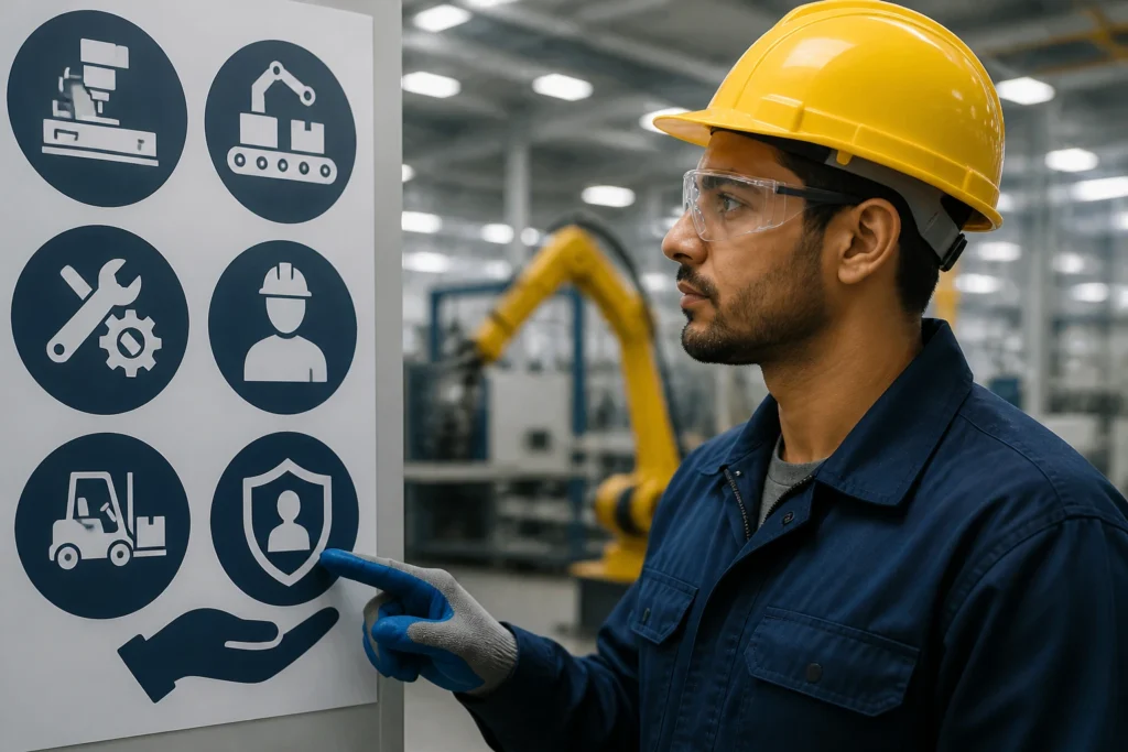 Portrait of PPE-clad factory worker in production area symbolizing sponsorship-ready roles.
