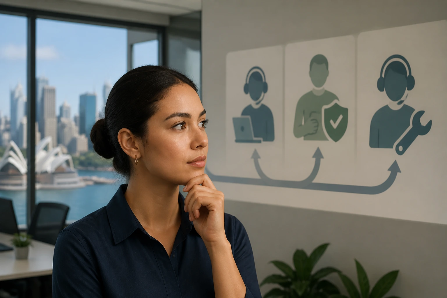 Portrait of a professional in an office considering alternative sponsorship paths through pictograms