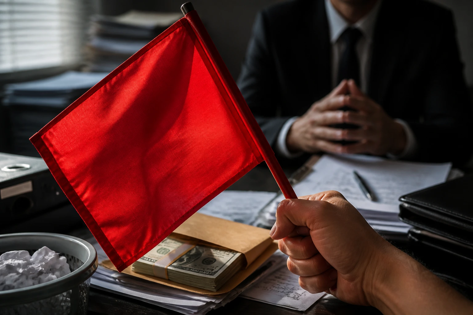 Close-up of a hand gripping a red flag in an office setting to symbolize sponsorship red flags