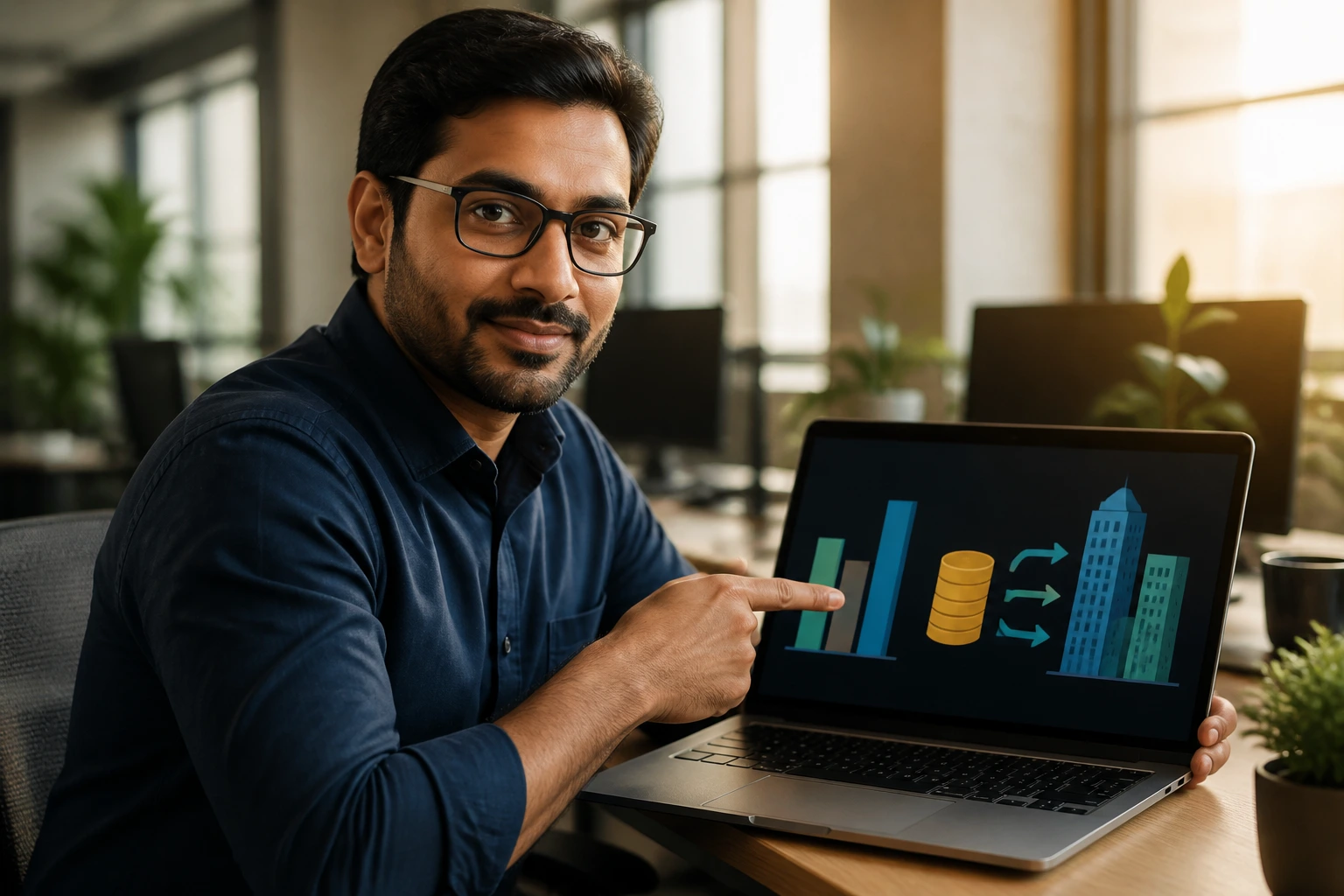 Engineer examining an abstract funding dashboard on a laptop to identify sponsorship-capable firms.