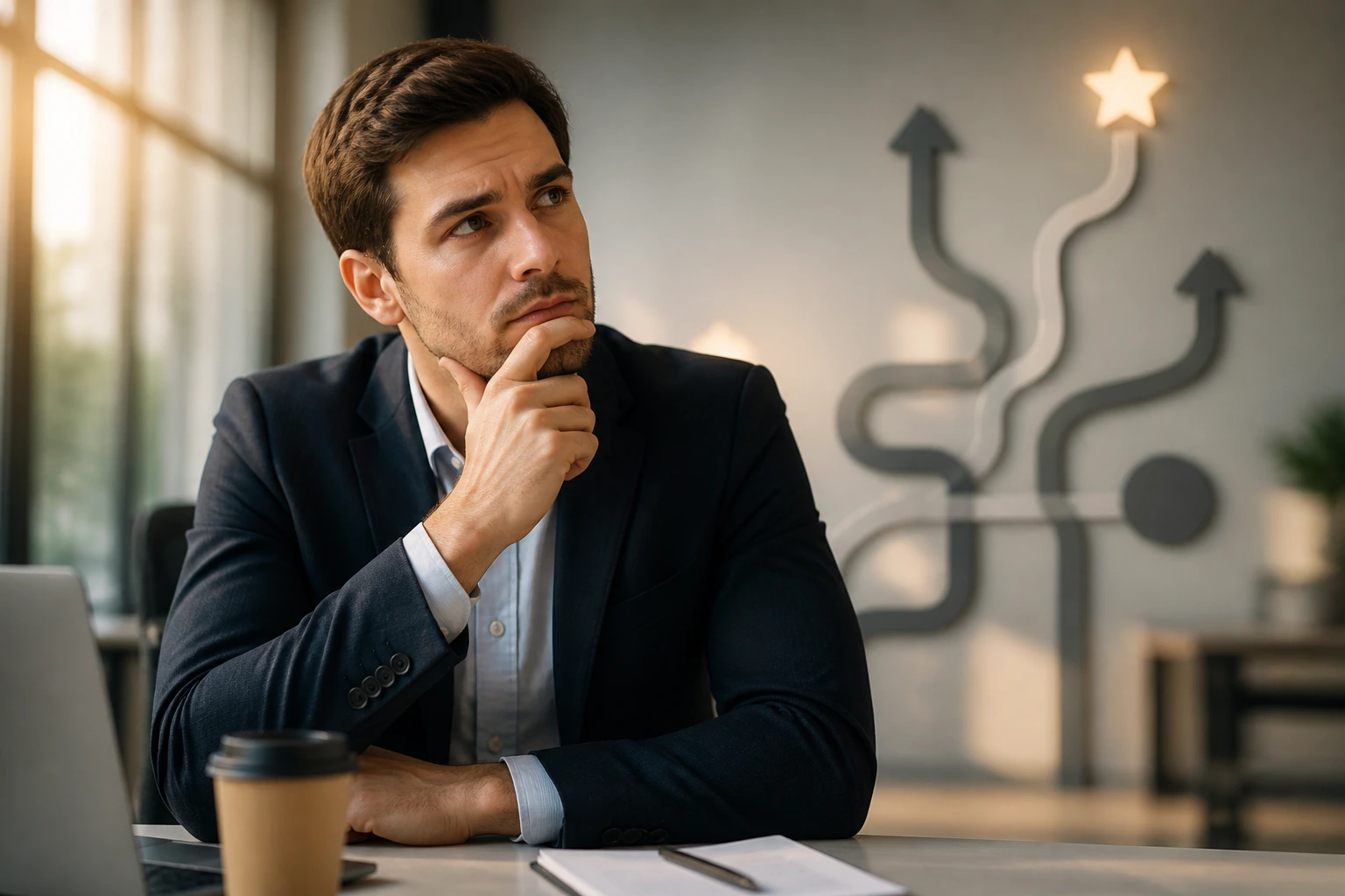 Portrait of a person at a desk, contemplating sponsorship pathways in an office.