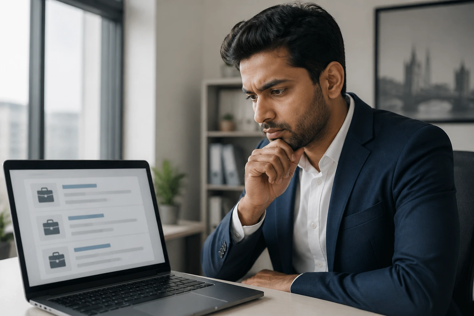 Candidate evaluating UK job postings on laptop for sponsorship.