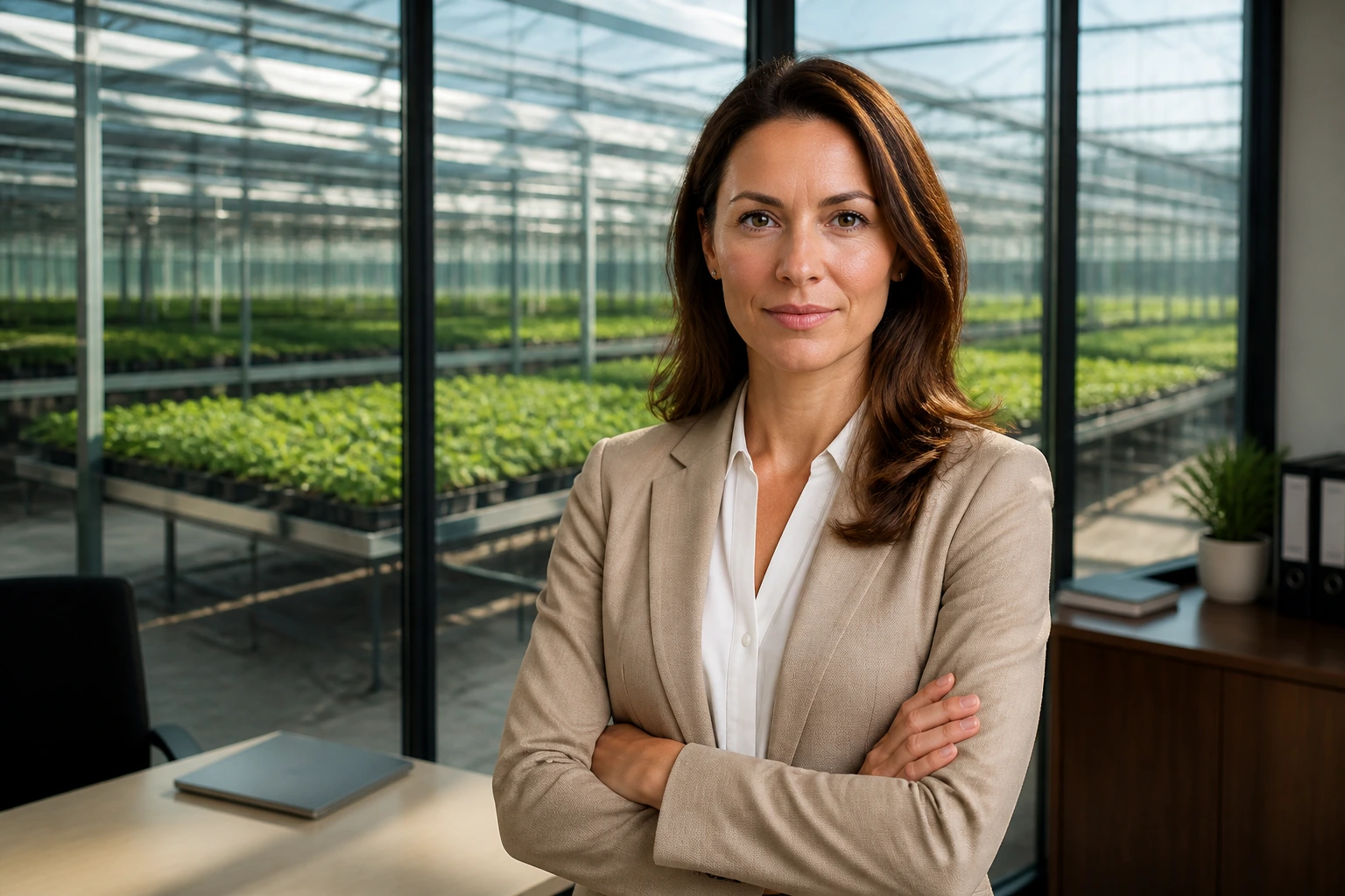 HR manager in an office with greenhouse backdrop illustrating sponsorship decisions