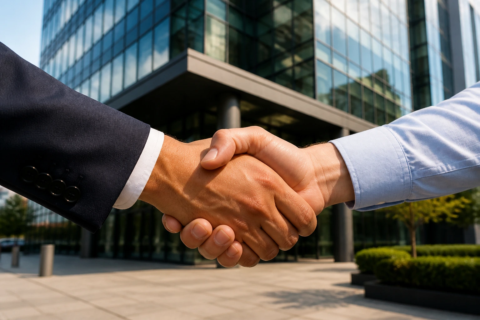 Close-up of hands clasping in a handshake in front of a corporate building, symbolizing sponsorship verification