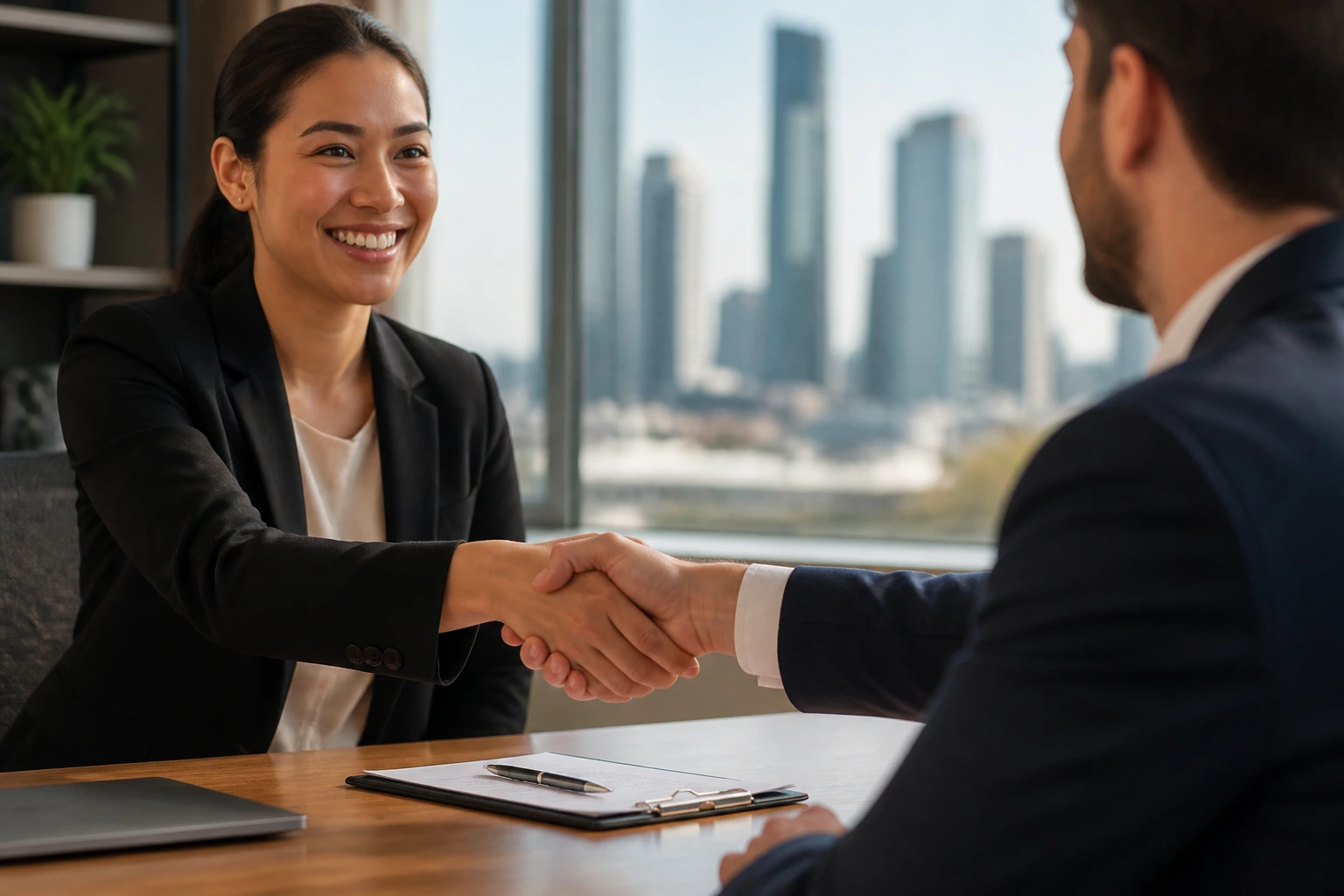 Close-up of two professionals shaking hands in an office, symbolizing sponsorship discussions