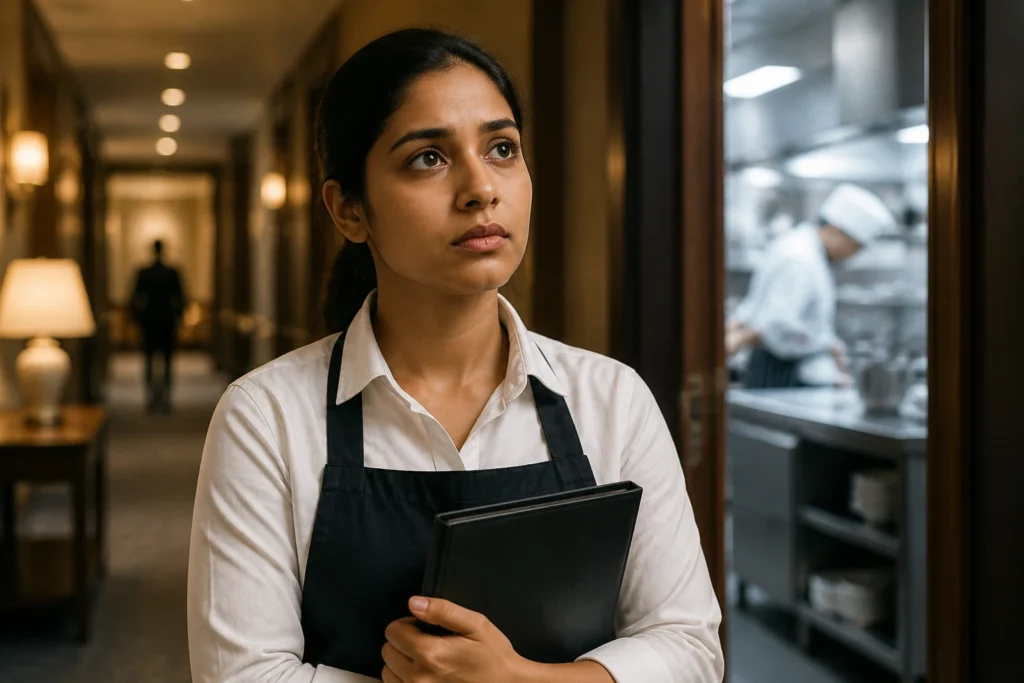 Portrait of hopeful hospitality worker in a corridor signaling sponsorship realities.