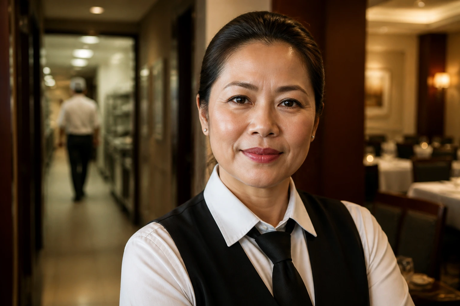 Hotel dining room supervisor in uniform in a kitchen corridor