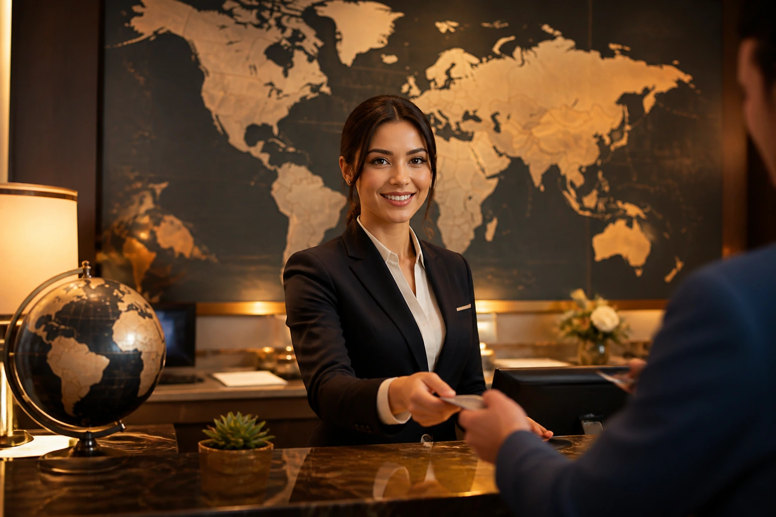 Receptionist in hotel lobby with world map backdrop highlighting international sponsorship