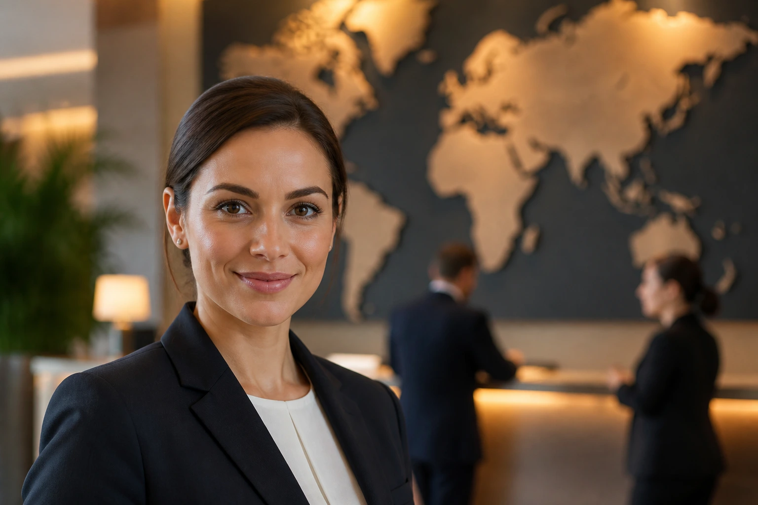 Hotel HR professional in lobby with world map background indicating sponsorship opportunities