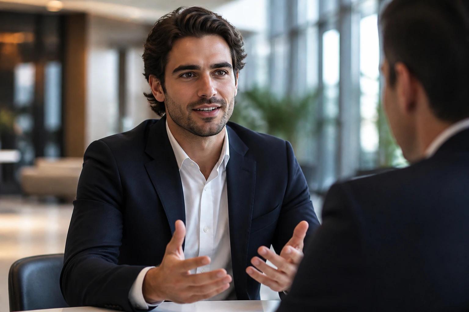 Close-up portrait of a professional discussing sponsorship in a modern office