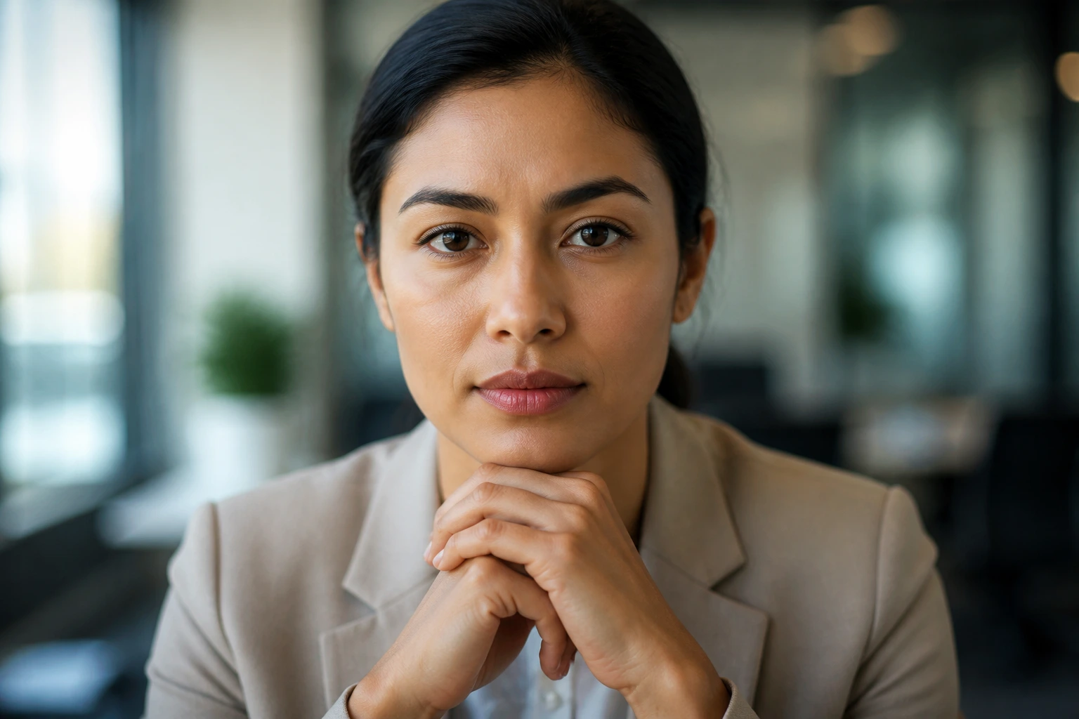 Portrait of a caregiver candidate in a professional setting.