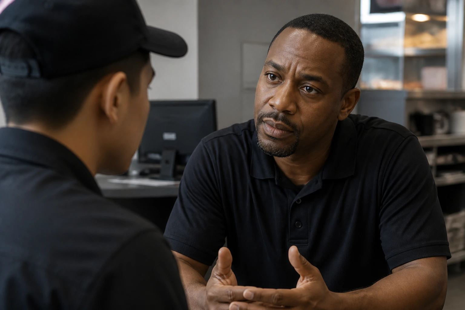 Close-up of a supervisor discussing sponsorship with a candidate in a quiet back office.