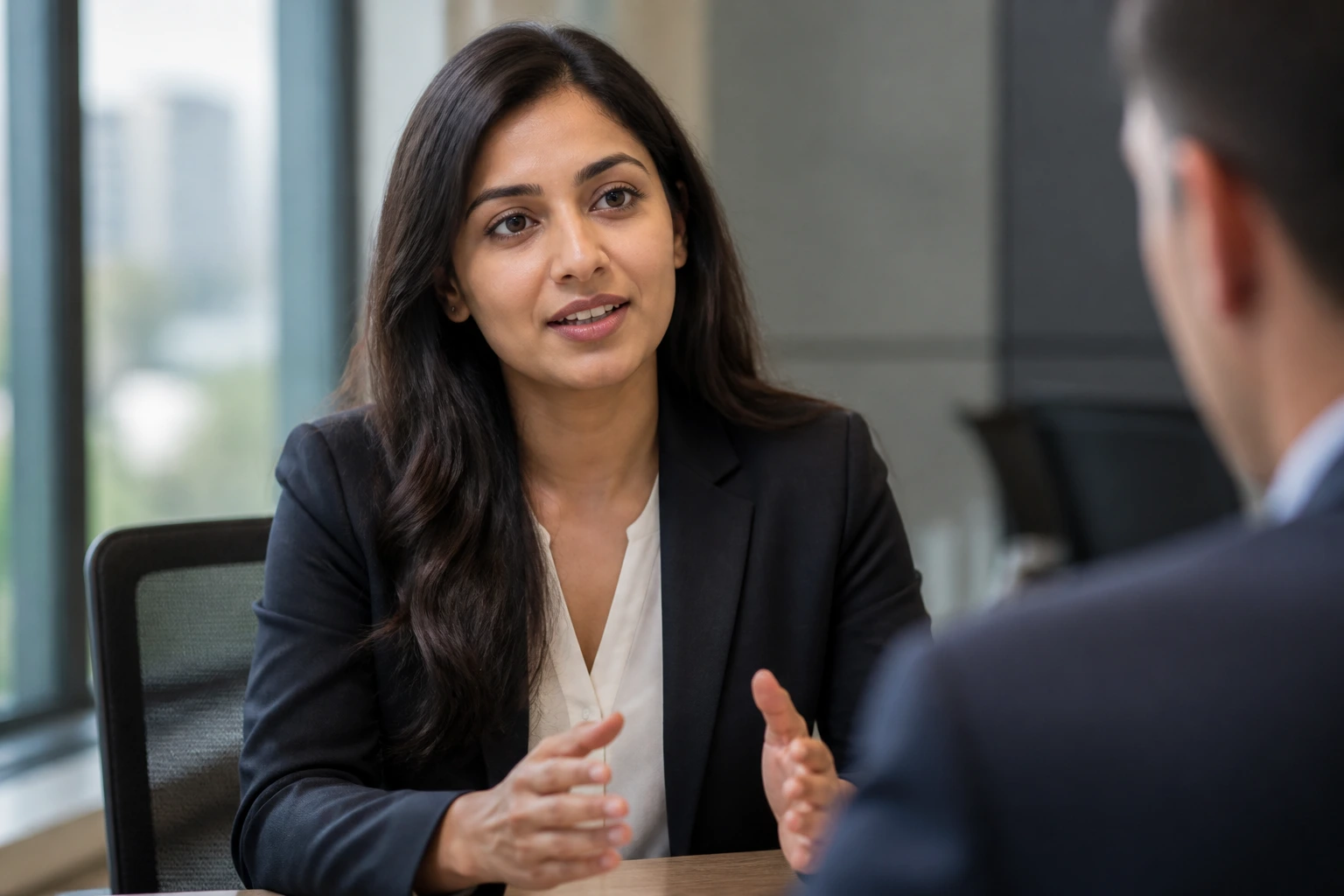 Medium close-up of a real person speaking in an interview setting