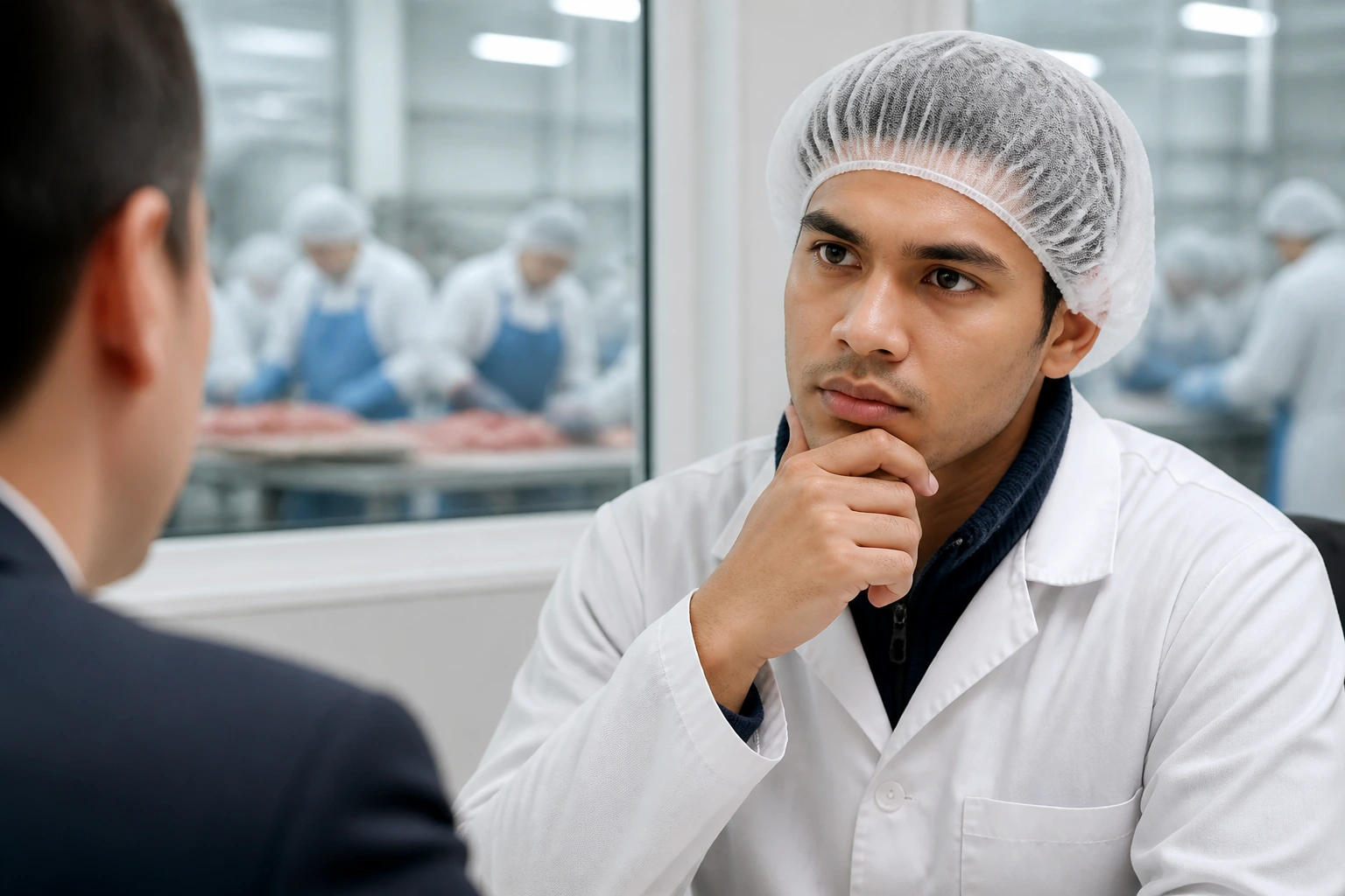 Thoughtful professional in interview setting considering sponsorship